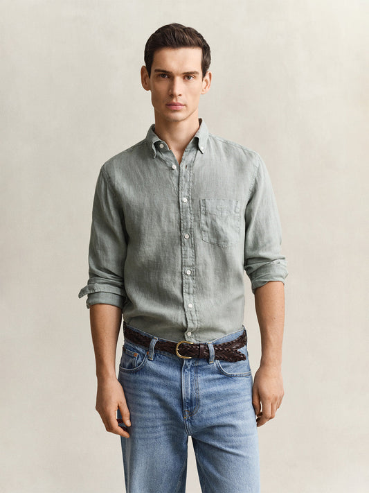 Gant Men Grey Solid Regular Fit Pure Linen Shirt