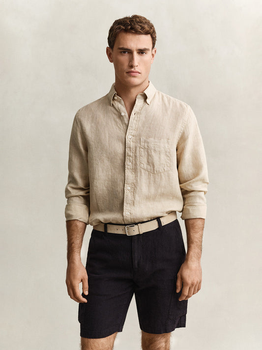 Gant Men Beige Solid Regular Fit Pure Linen Shirt