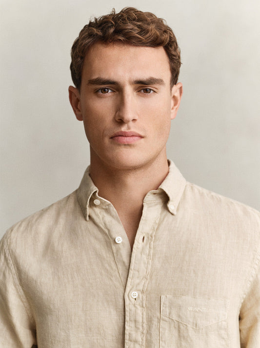 Gant Men Beige Solid Regular Fit Pure Linen Shirt