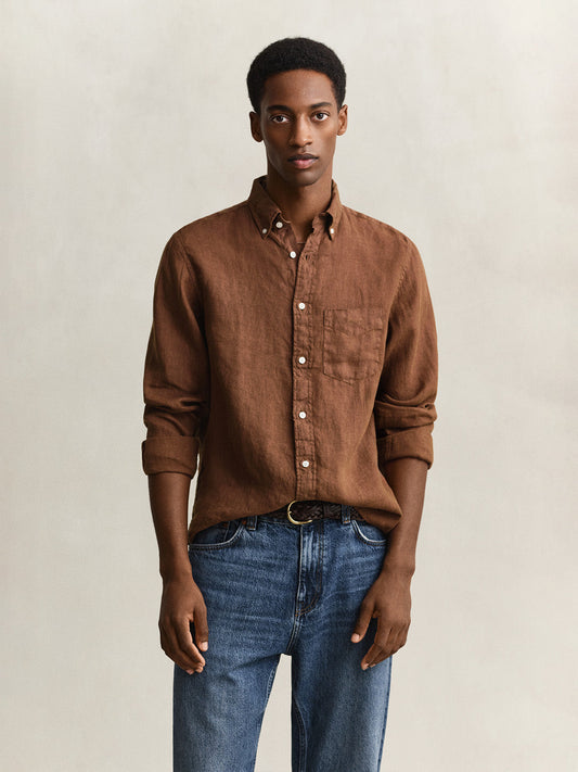 Gant Men Brown Solid Regular Fit Pure Linen Shirt