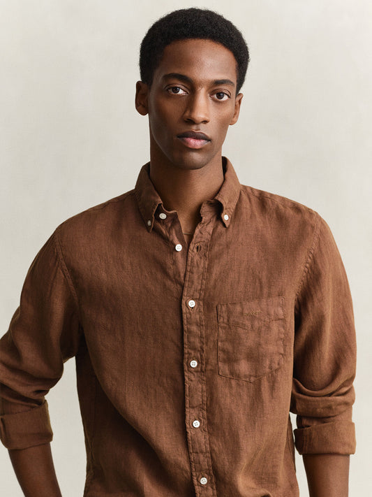 Gant Men Brown Solid Regular Fit Pure Linen Shirt