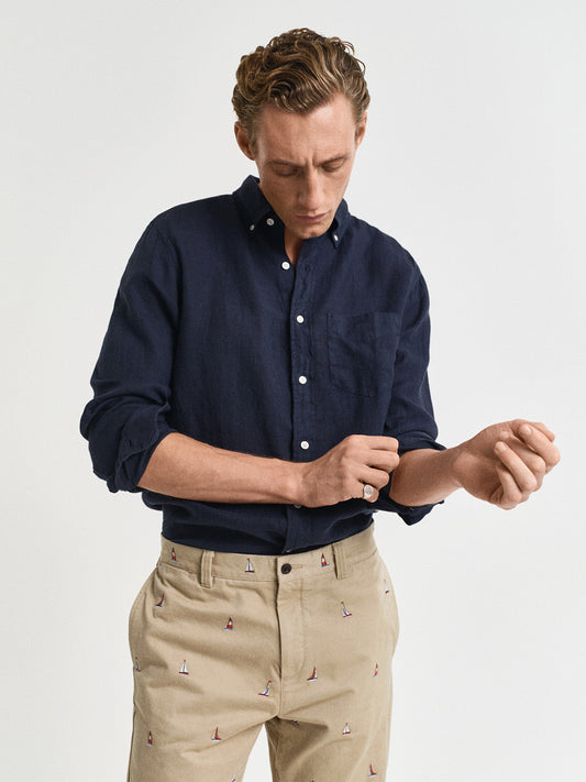 Gant Men Navy Blue Solid Regular Fit Pure Linen Shirt