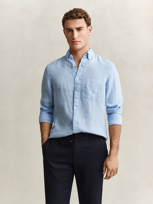 Gant Men Blue Solid Regular Fit Pure Linen Shirt