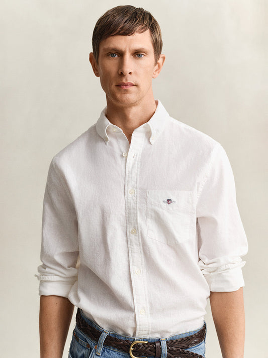 Gant Men White Solid Regular Fit Cotton Linen Shirt