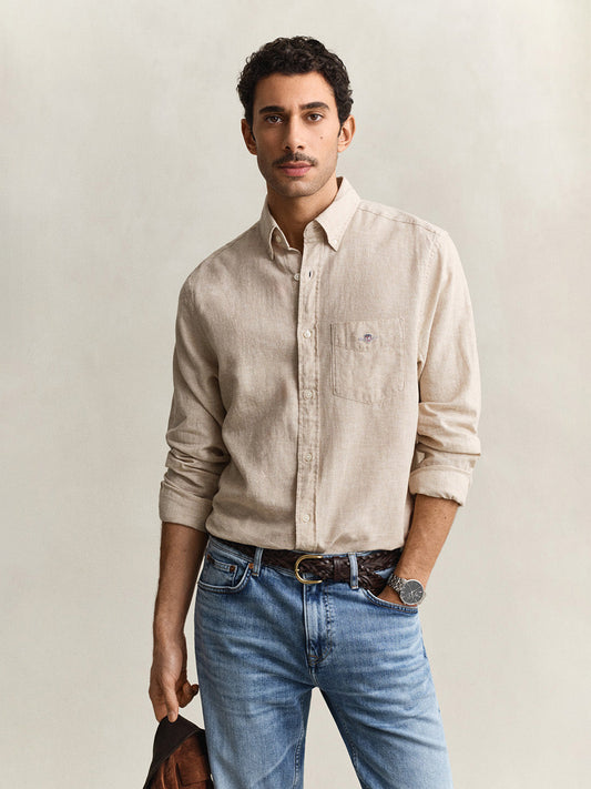 Gant Men Beige Solid Regular Fit Cotton Linen Shirt