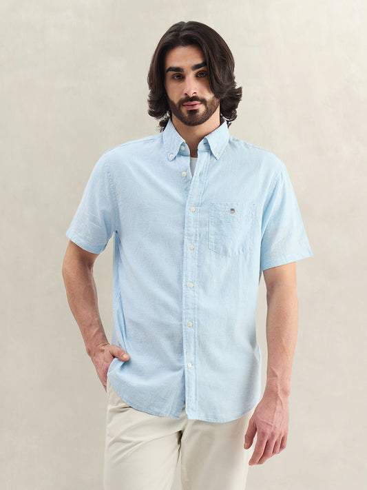 Gant Men Blue Solid Regular Fit Cotton Linen Shirt