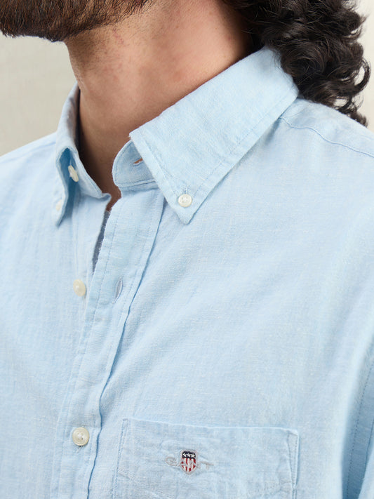 Gant Men Blue Solid Regular Fit Cotton Linen Shirt