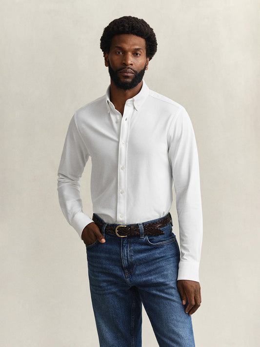 Gant Men White Solid Regular Fit Pique Shirt