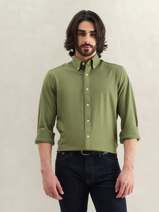 Gant Men Green Solid Regular Fit Pique Shirt