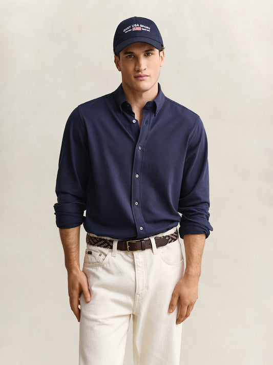 Gant Men Navy Blue Solid Regular Fit Pique Shirt