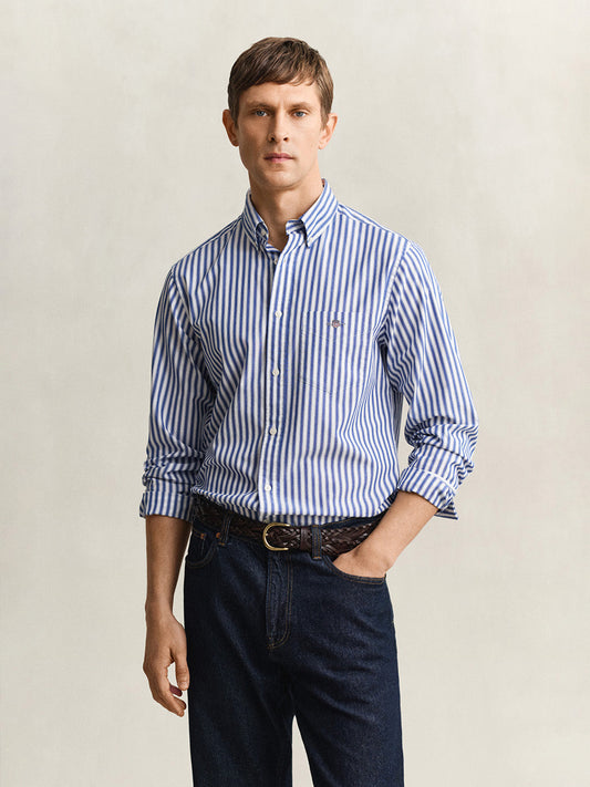 Gant Men Blue Striped Regular Fit Classic Poplin Shirt