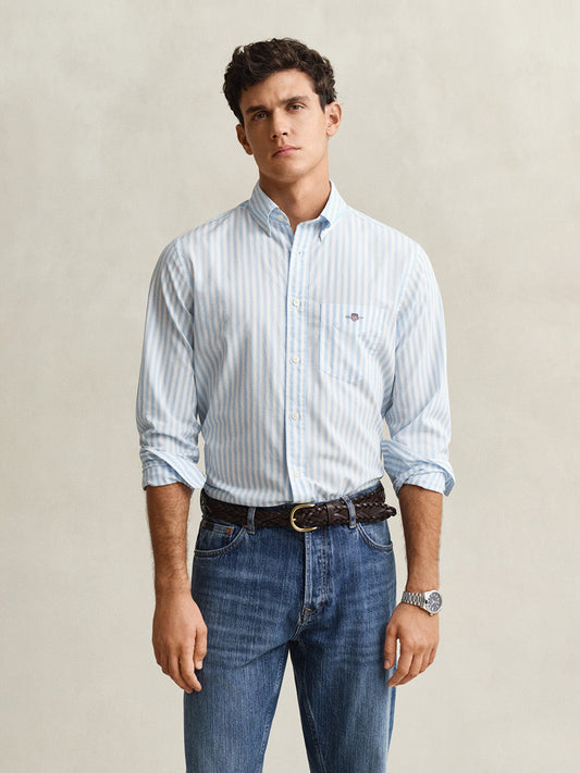 Gant Men Blue Striped Regular Fit Classic Poplin Shirt
