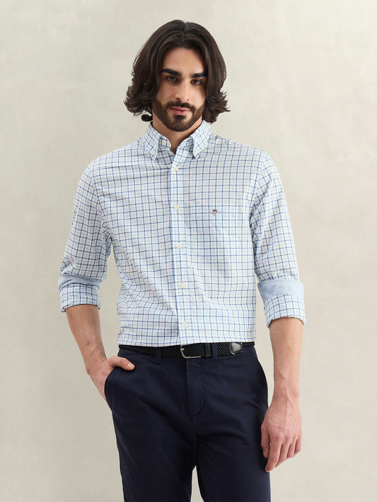 Gant Men Blue Checked Regular Fit Classic Poplin Shirt