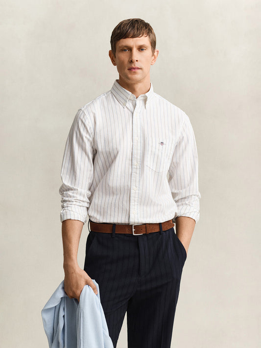 Gant Men White Striped Regular Fit Classic Oxford Shirt