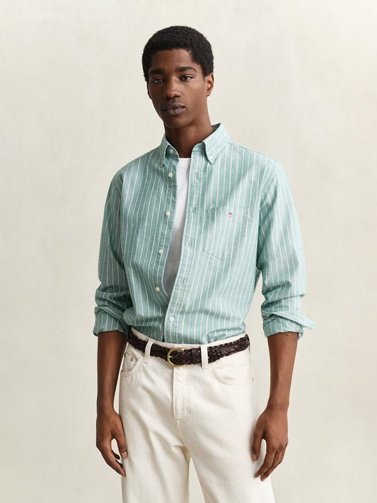 Gant Men Green Striped Regular Fit Classic Oxford Shirt