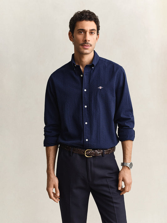 Gant Men Navy Blue Solid Regular Fit Pure Cotton Shirt