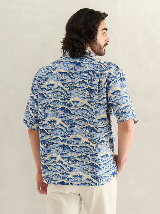 Gant Men Blue Printed Relaxed Fit Pure Cotton Shirt