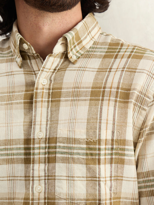 Gant Men Khaki Checked Regular Fit Linen Madras Checked Shirt