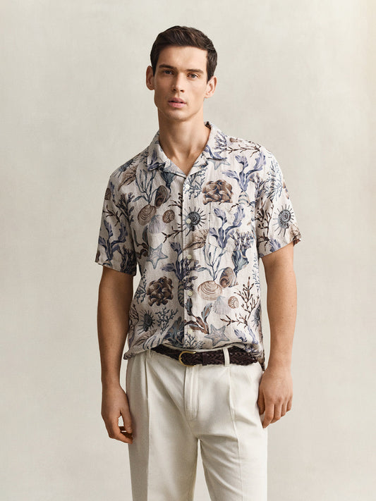 Gant Men Beige Printed Regular Fit Pure Linen Shirt