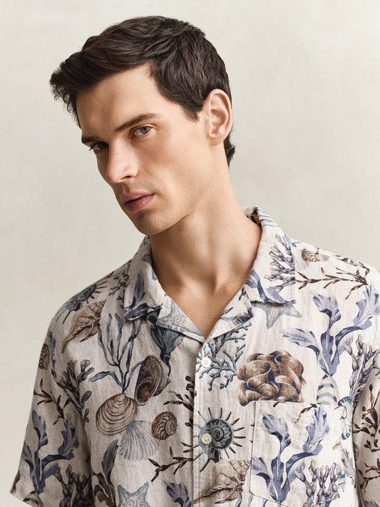 Gant Men Beige Printed Regular Fit Pure Linen Shirt
