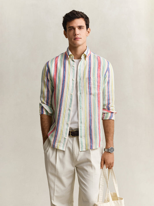 Gant Men Multicolour Striped Regular Fit Pure Linen Shirt