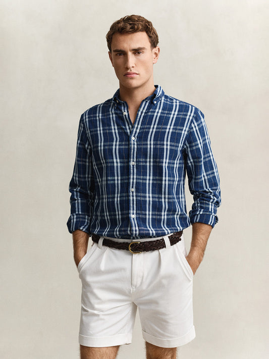 Gant Men Navy Blue Checked Regular Fit Cotton Linen Shirt