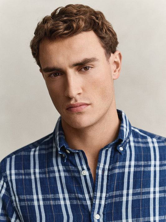 Gant Men Navy Blue Checked Regular Fit Cotton Linen Shirt