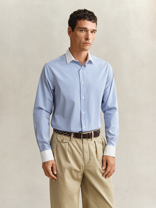 Gant Men Blue Striped Regular Fit Poplin Shirt