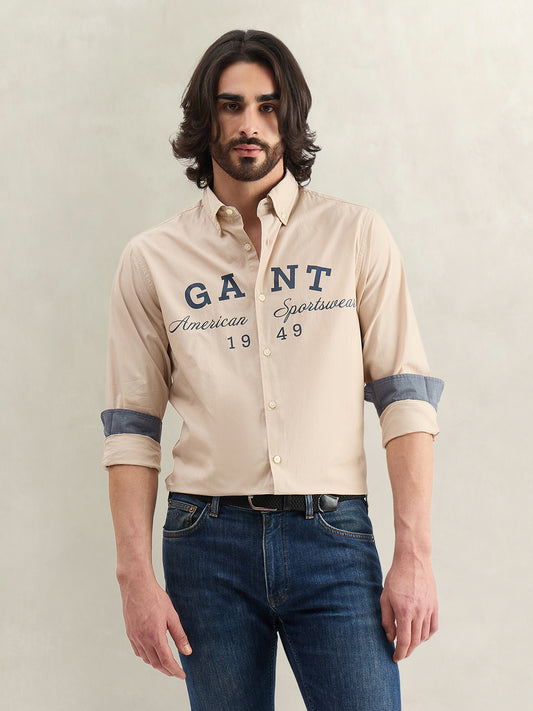 Gant Men Beige Printed Regular Fit Pure Cotton Shirt