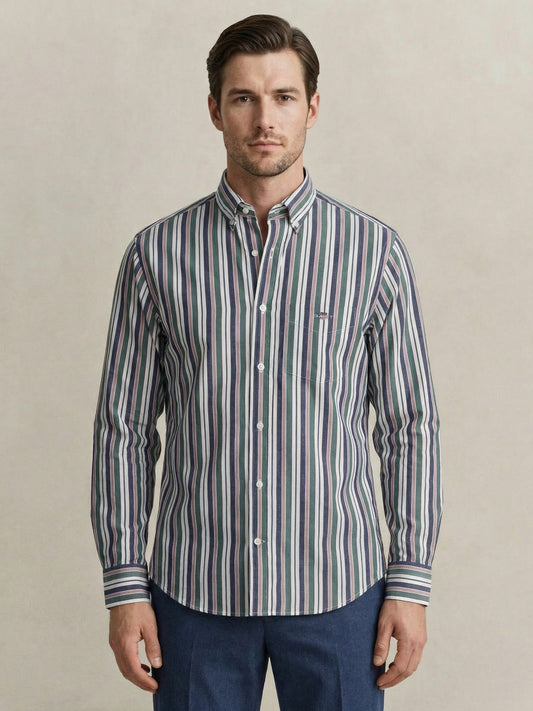 Gant Men Green Striped Regular Fit Poplin Shirt