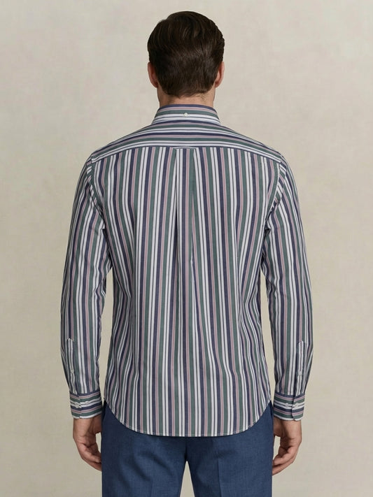 Gant Men Green Striped Regular Fit Poplin Shirt