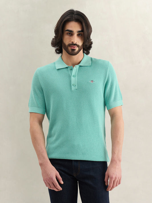 Gant Men Turquoise Solid Regular Fit Micro Textured Polo T-Shirt