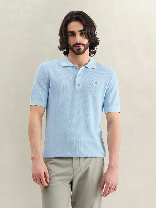 Gant Men Blue Textured Regular Fit Micro Textured Polo T-Shirt