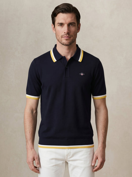 Gant Men Navy Blue Solid Regular Fit Pure Cotton Polo T-Shirt