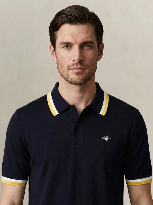 Gant Men Navy Blue Solid Regular Fit Pure Cotton Polo T-Shirt