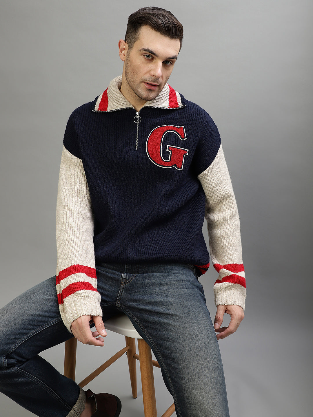 Shop Gant Men Color-blocked Cutway Collar Full Sleeves Sweater