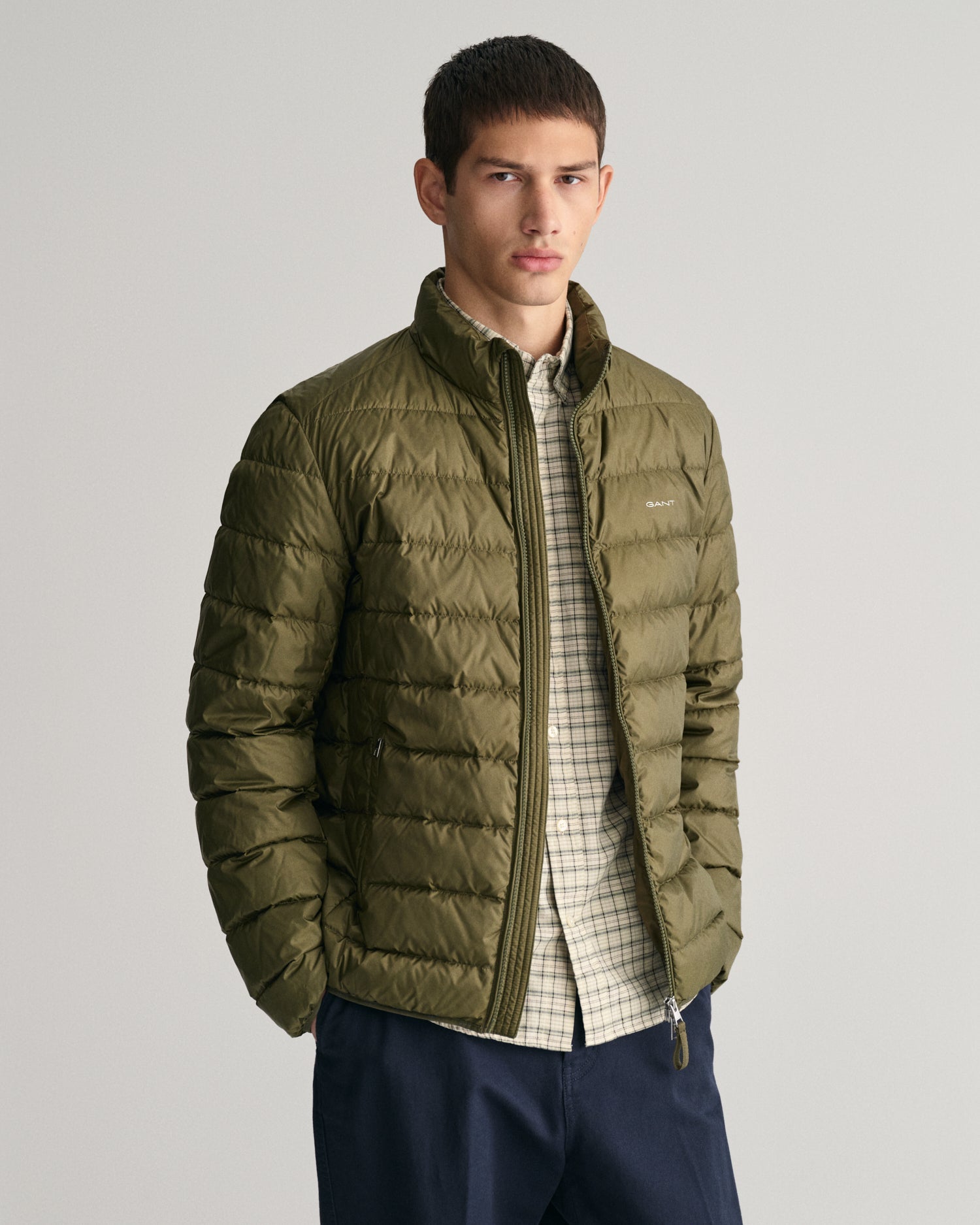 Shop Gant Men Green Solid Stand Collar Full Sleeves Puffer Jacket