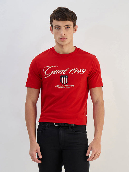 Gant Men Red Solid Pure Cotton Round Neck T Shirt