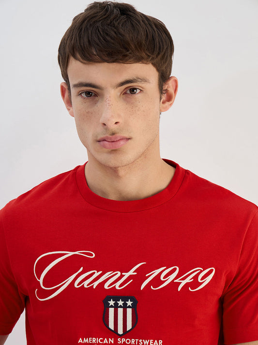 Gant Men Red Solid Pure Cotton Round Neck T Shirt