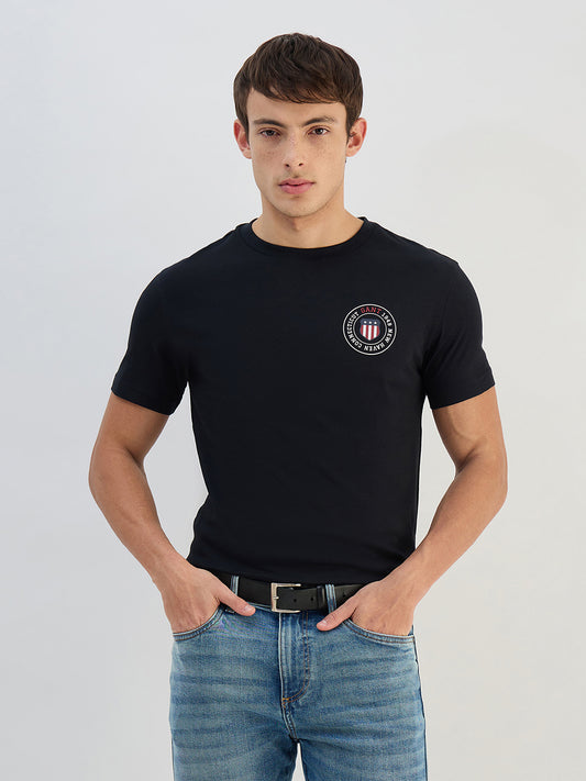 GANT Men Black Logo Crew Neck Regular Fit T-Shirt