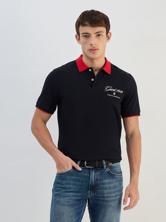 Gant Men Black Solid Pure Cotton Polo Collar T-Shirt