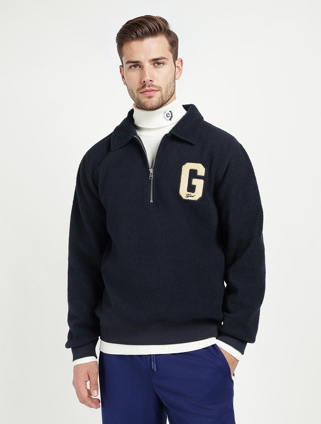Gant Men Blue Solid Collared Full Sleeves Pullover