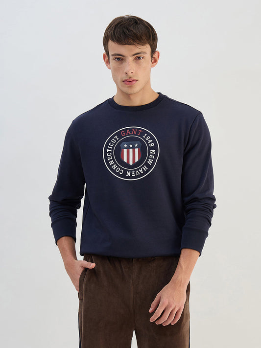 Gant Men Navy Blue Solid Round Neck Sweatshirt