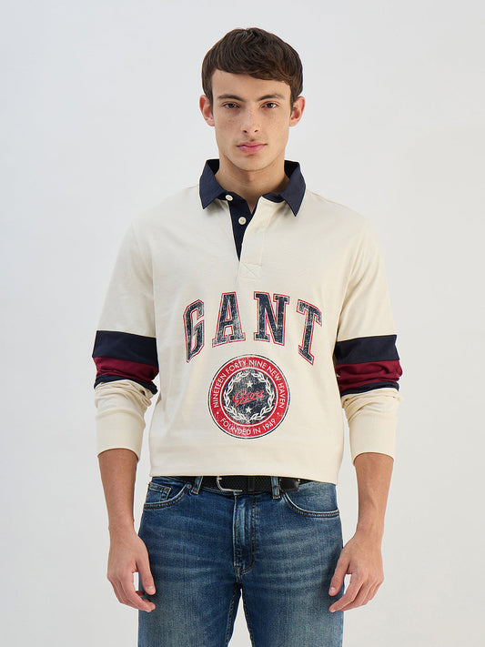 Gant Men Beige Logo Pure Cotton Collared Ruggers