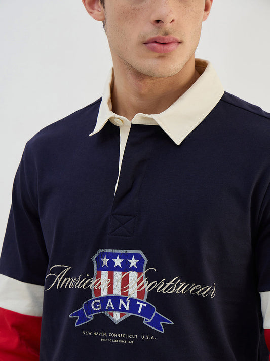 Gant Men Navy Blue Logo Pure Cotton Collared Ruggers