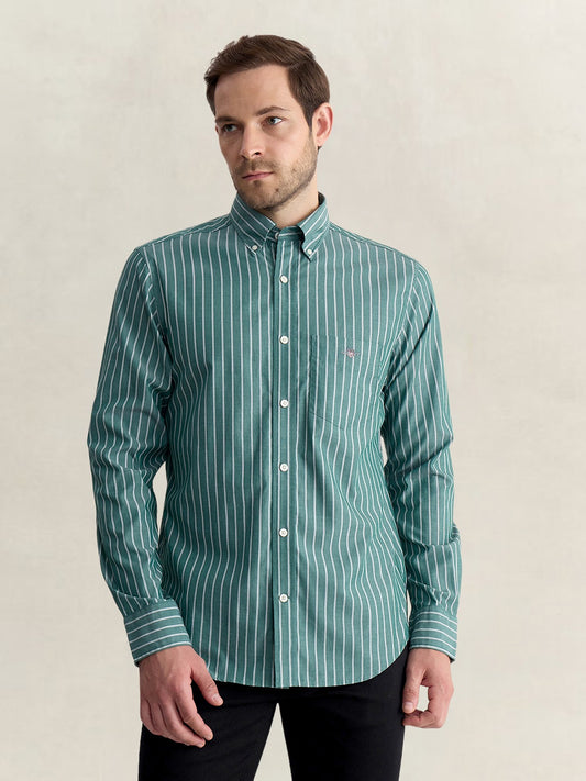 Gant Men Green Regular Fit Striped Poplin Shirt