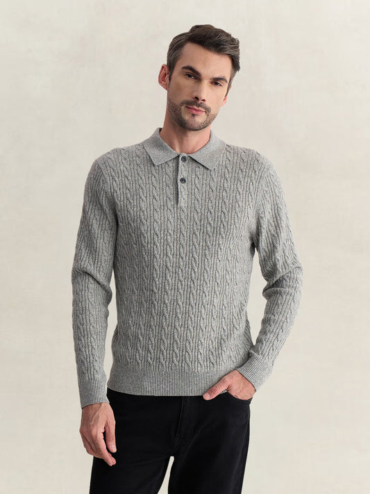 Gant Men Grey Regular Fit Woven Design Cashmere Blend Polo Tshirt