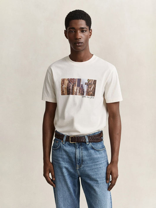 Gant Men Off White Graphic Regular Fit Pure Cotton T-Shirt