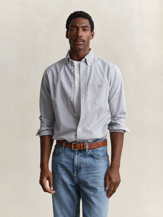 Gant Men Light Blue Striped Regular Fit Poplin Shirt