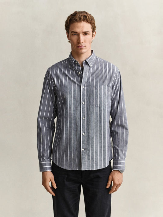 Gant Men Grey Striped Regular Fit Poplin Shirt